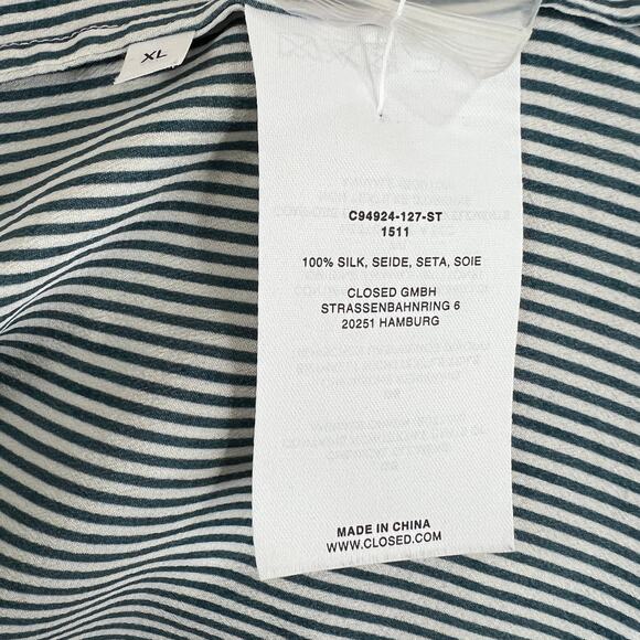 CLOSED White Gray Striped Silk 3/4 Sleeve Split V-Neck Popover Blouse M XL $350 - Picture 6 of 6